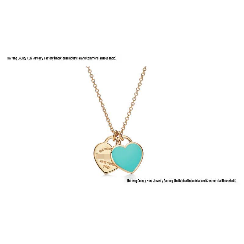 T-brand 18K Gold-Plated Double Heart Pendant Necklace with 925 Sterling Silver and Epoxy Enamel