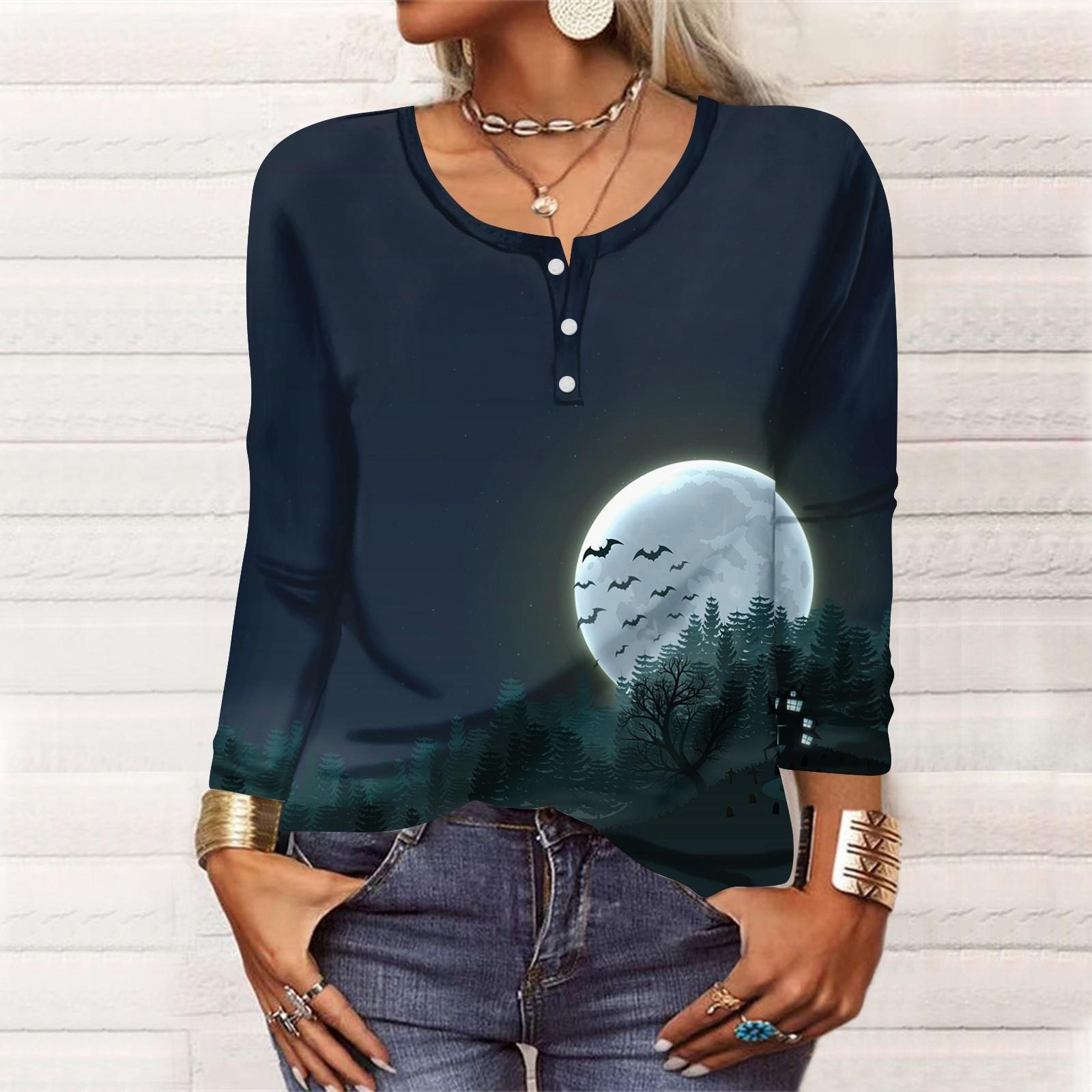 

Рубашки с длинным рукавом для женщин, Хэллоуин с рисунком и графическим принтом, футболки, блузки, повседневные базовые топы больших размеров, пуловер XXXL тёмно-синий