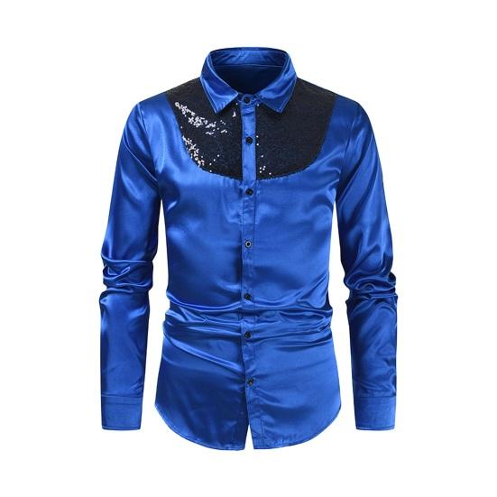 

Весна Осень Мужская Рубашка Блестящая Гладкая Поверхность Однобортный Лоскутный Кардиган Отложной Воротник M синий
