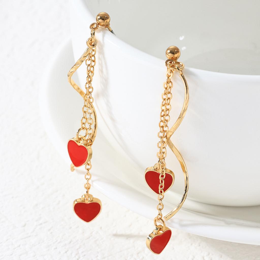 Versatile French Elegant Tassel Line Red Heart Pendant Earrings New Year's Valentine's Day Gift
