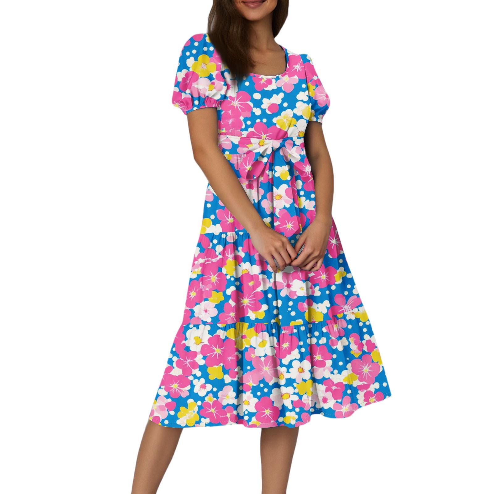 

Women s Summer Floral Print Short Sleeves Neck Waistband Bohemian Flowy Layered Maxi Dress With Pockets XXL рожевий