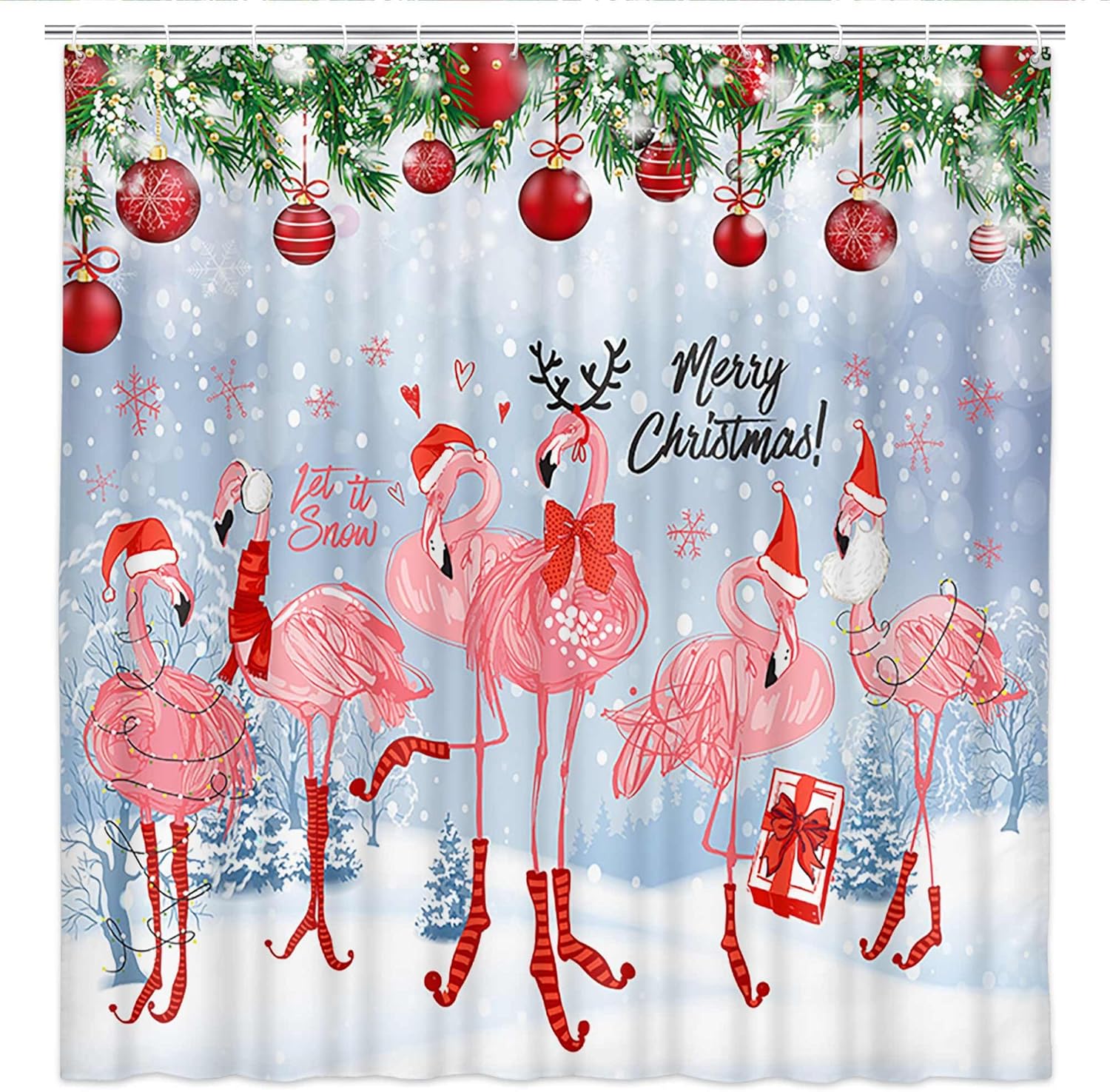 

Рождественские шторы для душа Merry Xmas Зеленая рождественская елка Зимний белый снег Золотые звезды Красный шарф Ванная комната Штора для душа Xmas 90x180CM