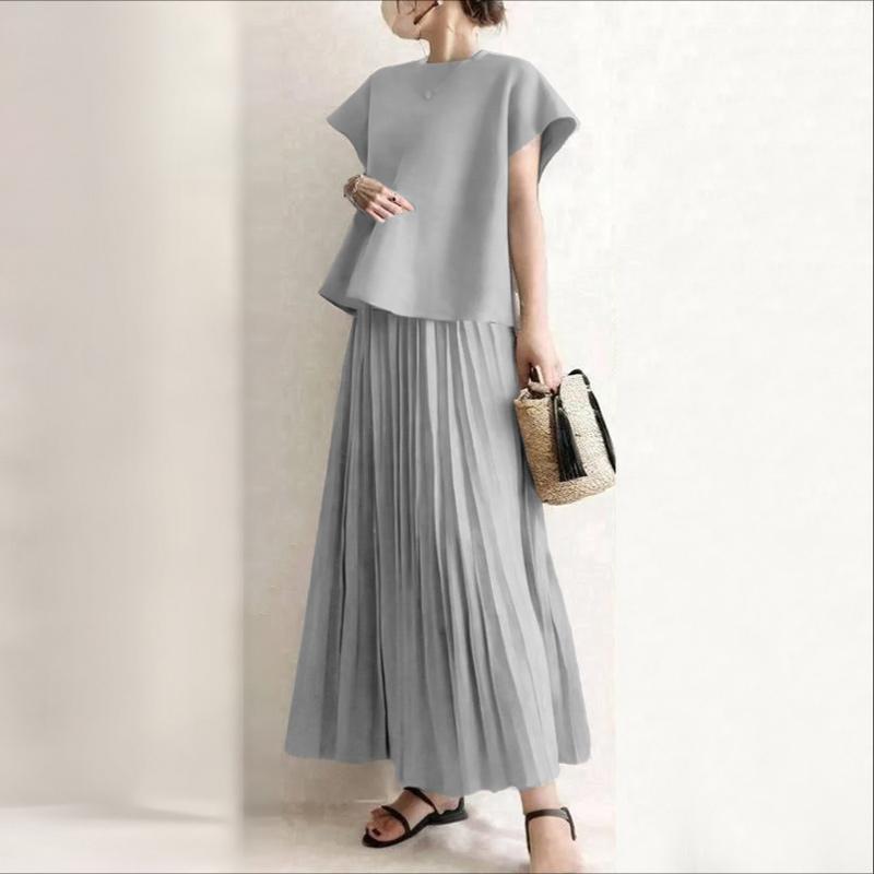 

ZANZEA Женский летний комплект из двух частей: блузка с коротким рукавом и длинные юбки 4XL серый