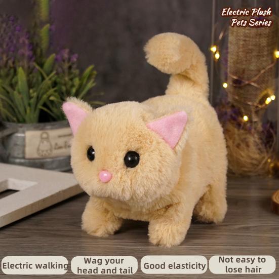 Kids Electric Plush Cat Toy Walking Head Shaking Tail Wagging Interactive Kitten Plushie Toy Toddlers Boys Girls Educational Simulation Animal Toy