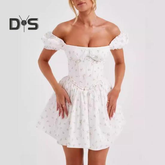 Women's Summer Mini Corset Dress Square Neck Short Puff Sleeve Flowy A-Line Dress Backless Beach Cocktail Party Dress