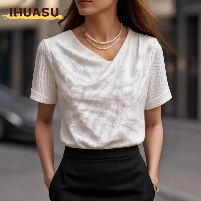 IHUASU Blusas y camisas de manga corta con cuello en V y estampado de color sólido informal a la moda para mujer
