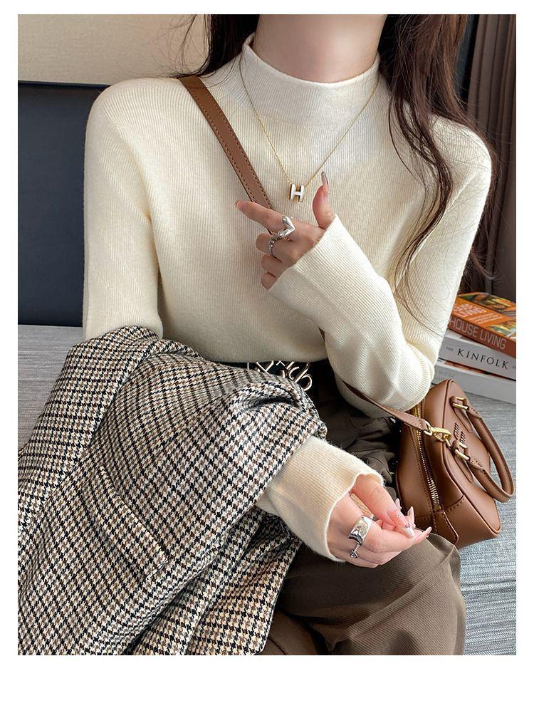 Women's Korean Style Soft Semi-High Neck Slim Fit Pullover Knit Sweater for Autumn and Winter