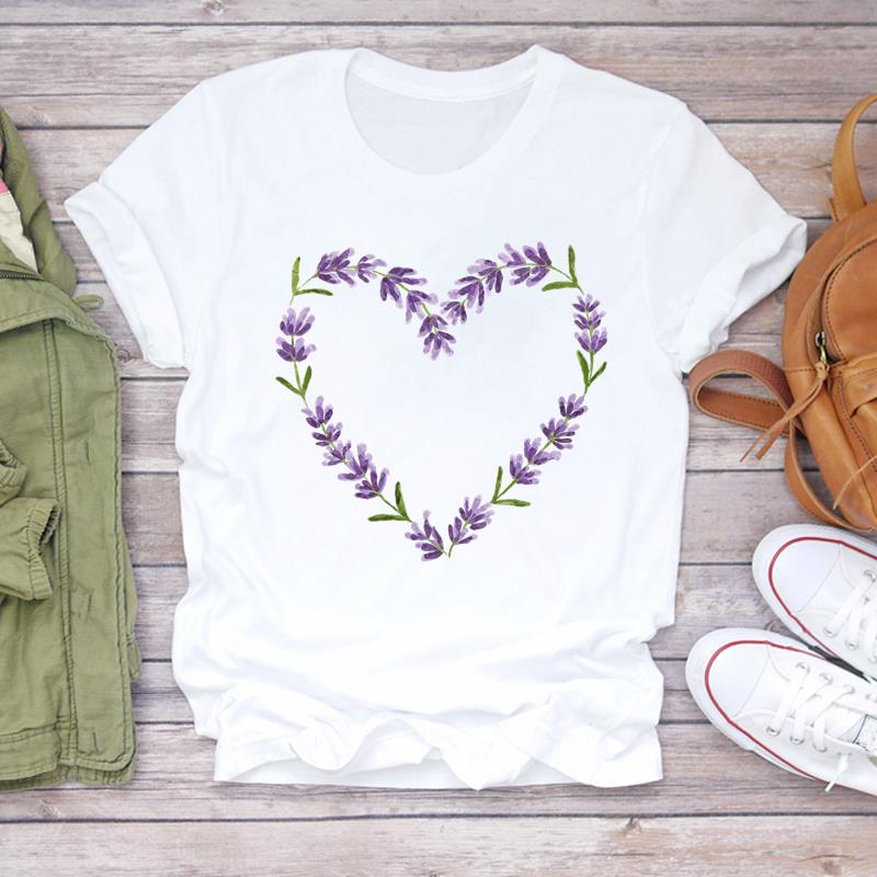 (Asian Size) Lady Female Casual T Shirt Printed Clothing Top Fashion love flower sweet Short Sleeve T-shirts Women Graphic Tee