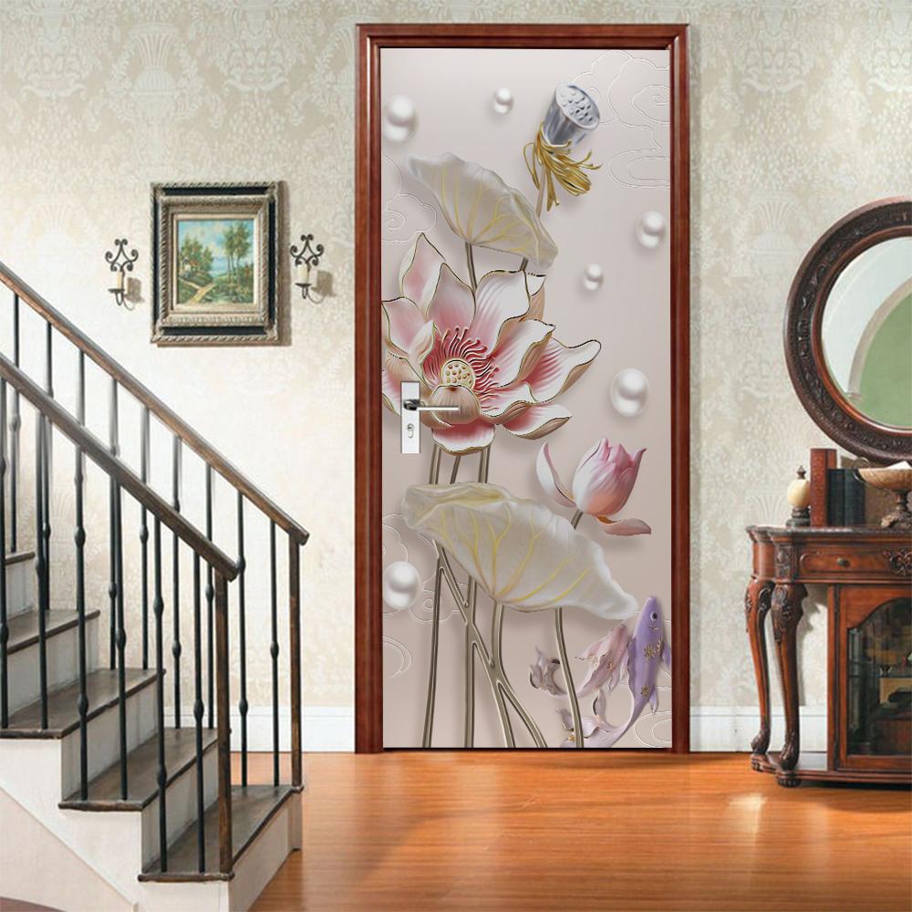 3D Door Mural Sticker Peel and Stick Door Wallpaper Golden Buddha Castle Moon Mermaid Flower Home Decor Removable