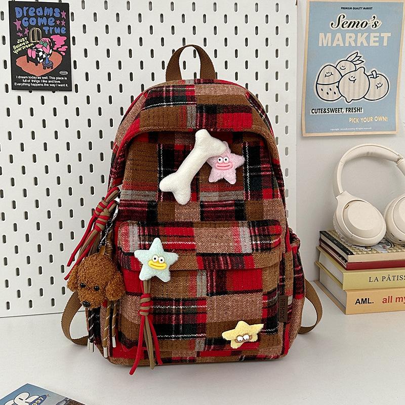 Schoolbag Retro Plaid Backpack Women's Large Capacity Leisure Travel Fashion Bag Versatile Backpack High Value Student School Bag
