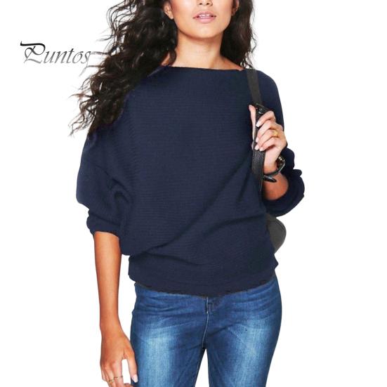 Knitwear Boat Neck Batwing Long Sleeve Ribbed Women Knitted Sweater Autumn Winter Solid Color Loose Top Streetwear Jumper
