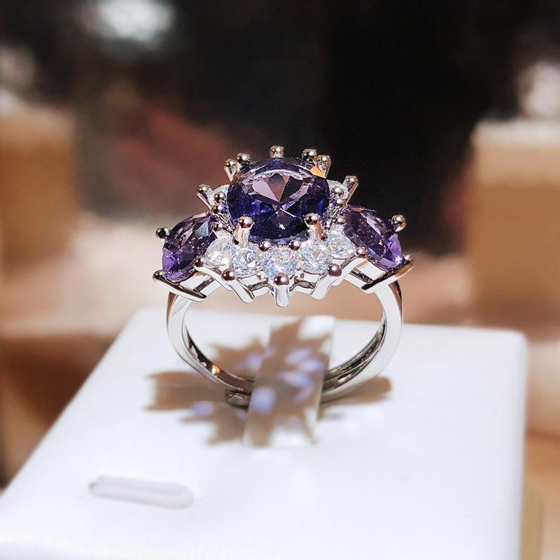 Cobre Anel Simples Doce Diamante Senhoras Novo Anel Zircônia Roxo Festa Feminina Casamento Presente de Aniversário