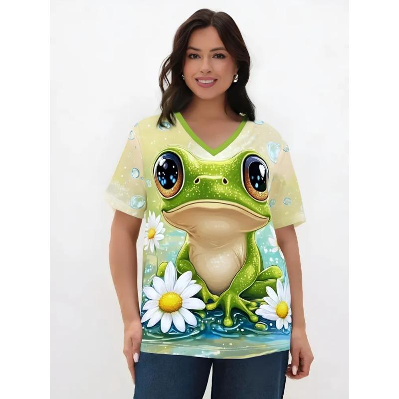

Большая женская летняя футболка с V-образным вырезом и короткими рукавами, в сочетании с повседневным топом с 3D-принтом лягушки, дышащая, машинная стирка, подходит для повседневной носки на улице S