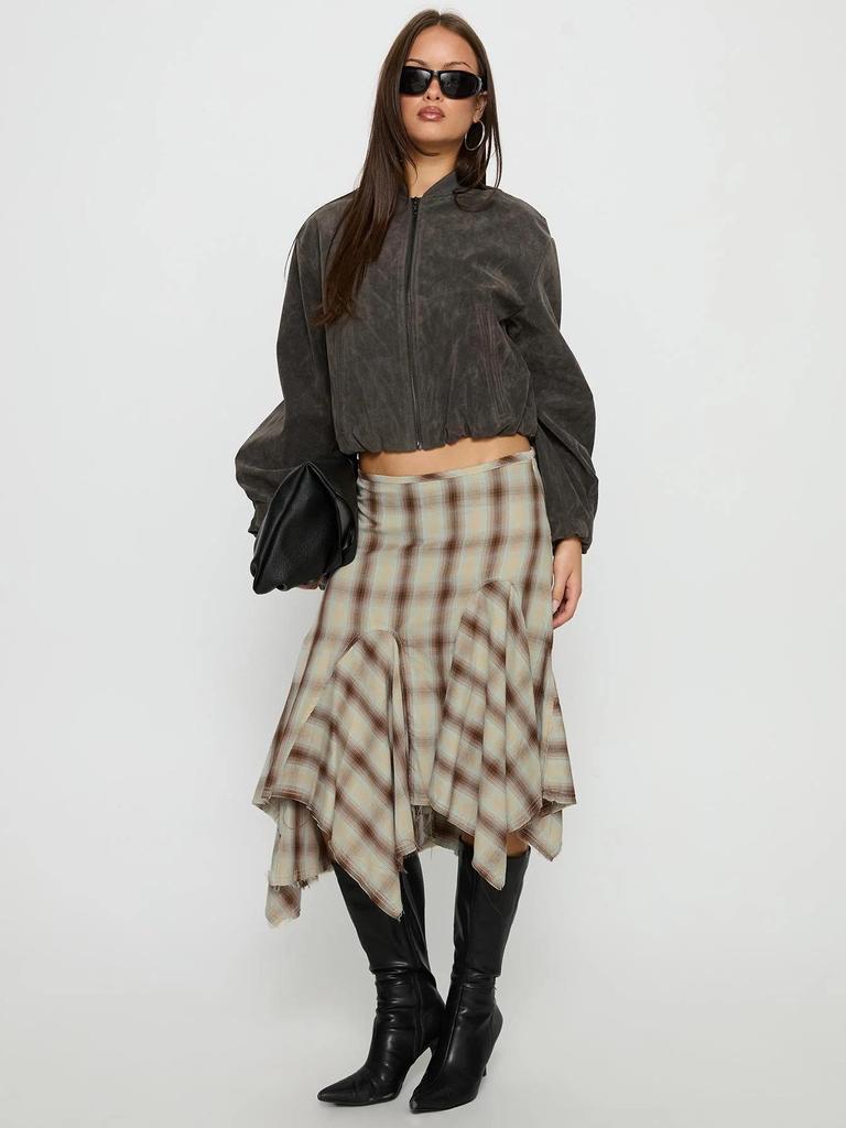 Plaid Patchwork High-Waisted Irregular Hem Midi Skirt