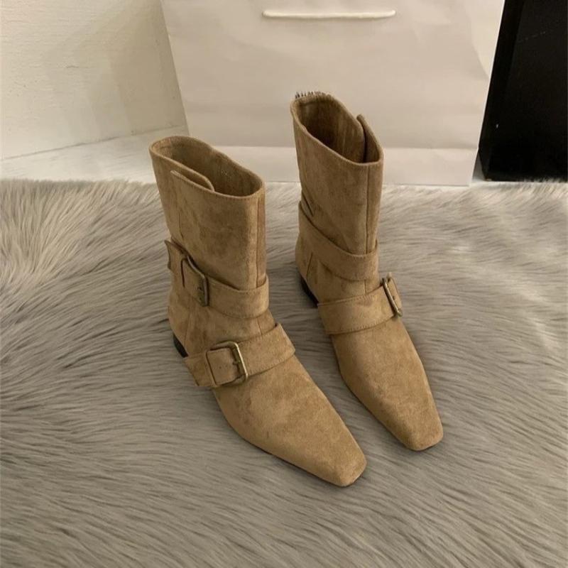 Fashion 2025 New Autumn and Winter Women's Summer Square Toe Pleated Booties