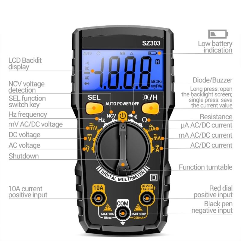 Multimeter Tester 1999Counts Digital Multimeter with Voltmeter and Ohm Meter Resistance; Tests Live, Continuitys