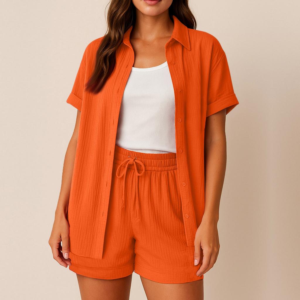 Women's Casual And Fashionable Solid Color Lapel Short Sleeved Shirt Top, High Waisted Drawstring Shorts Set