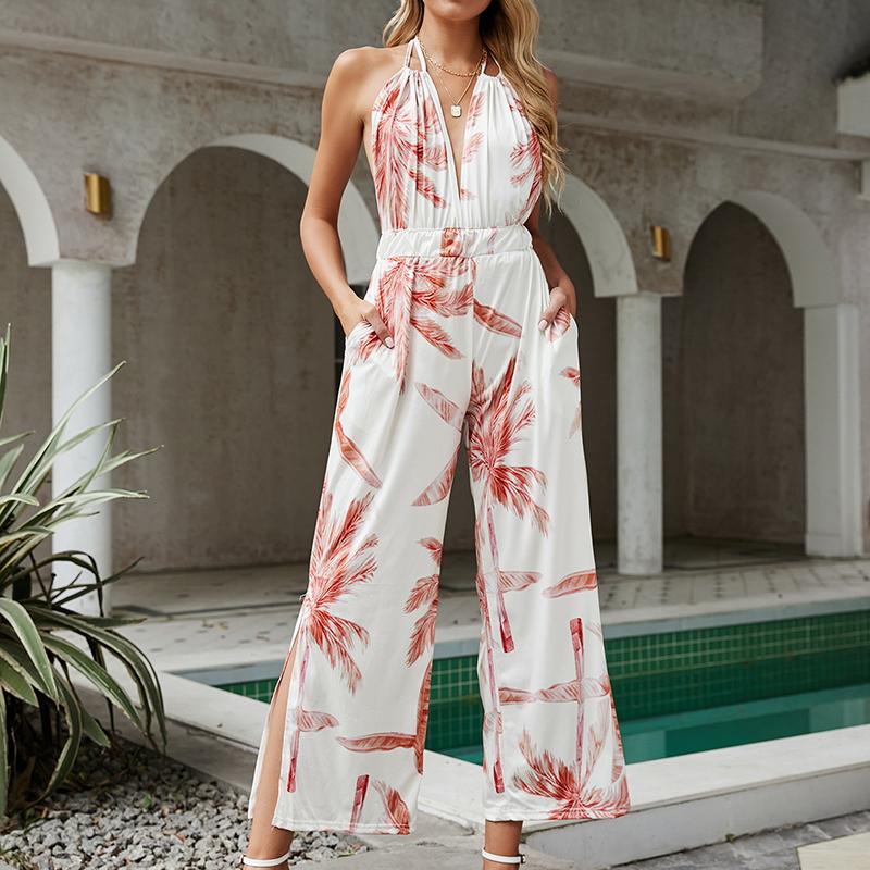 Frauen Sommer Backless Sexy Coconut Tree Print Neunte Hosen Halter Elastische Strampler Overall