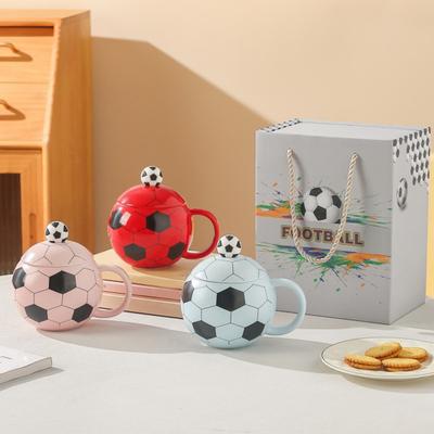 Soccer Ceramic Mug, 400ml Football Shaped Cup with Lid, Black White Hexagon Sports Drinkware for Home Office, Fan Gifts