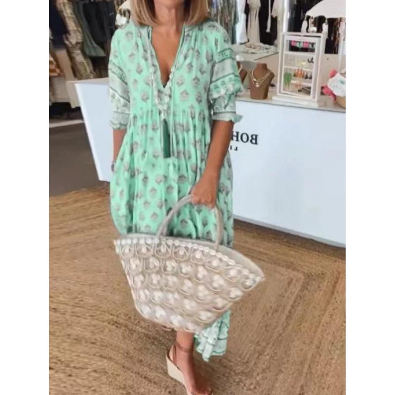 Vestido de Verão Feminino Boêmio com Decote em V, Estampa da Moda, Manga Lanterna, Cintura Alta e Saia Rodada