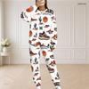 Women Plus Size White Hockey Printed Round Neck Long Sleeve Top And Pants Two Piece Set
