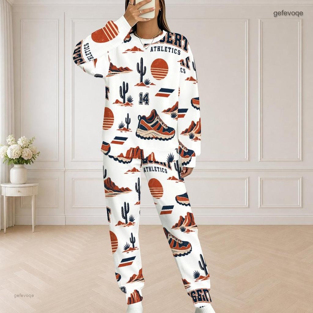 Women Plus Size White Hockey Printed Round Neck Long Sleeve Top And Pants Two Piece Set
