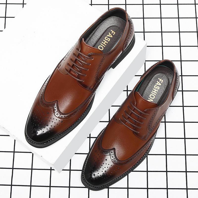 Dress Leather Shoes Brock Men's Shoes Cowhide British Pointed Breathable Men's Shoes Wedding Shoes 2025