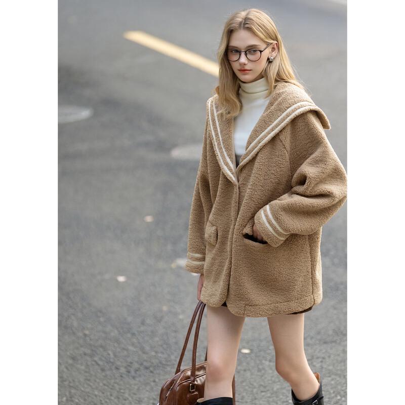 

TonLion Women s Mid-Length Sailor Collar Faux Lamb Wool Coat S