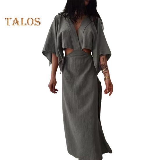 Women's V Neck Maxi Dress Sexy Hollow Out Short Sleeve Bodycon Split Dress Summer Cotton Linen Long Dress for Beach Vacation