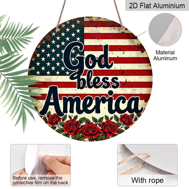 2D Flat, 1pc Heavy-Duty Retro God Bless America Round Metal Sign - Vintage Aluminum Wall Decor Suitable for Home, Office, Garage, 4th of July Gift