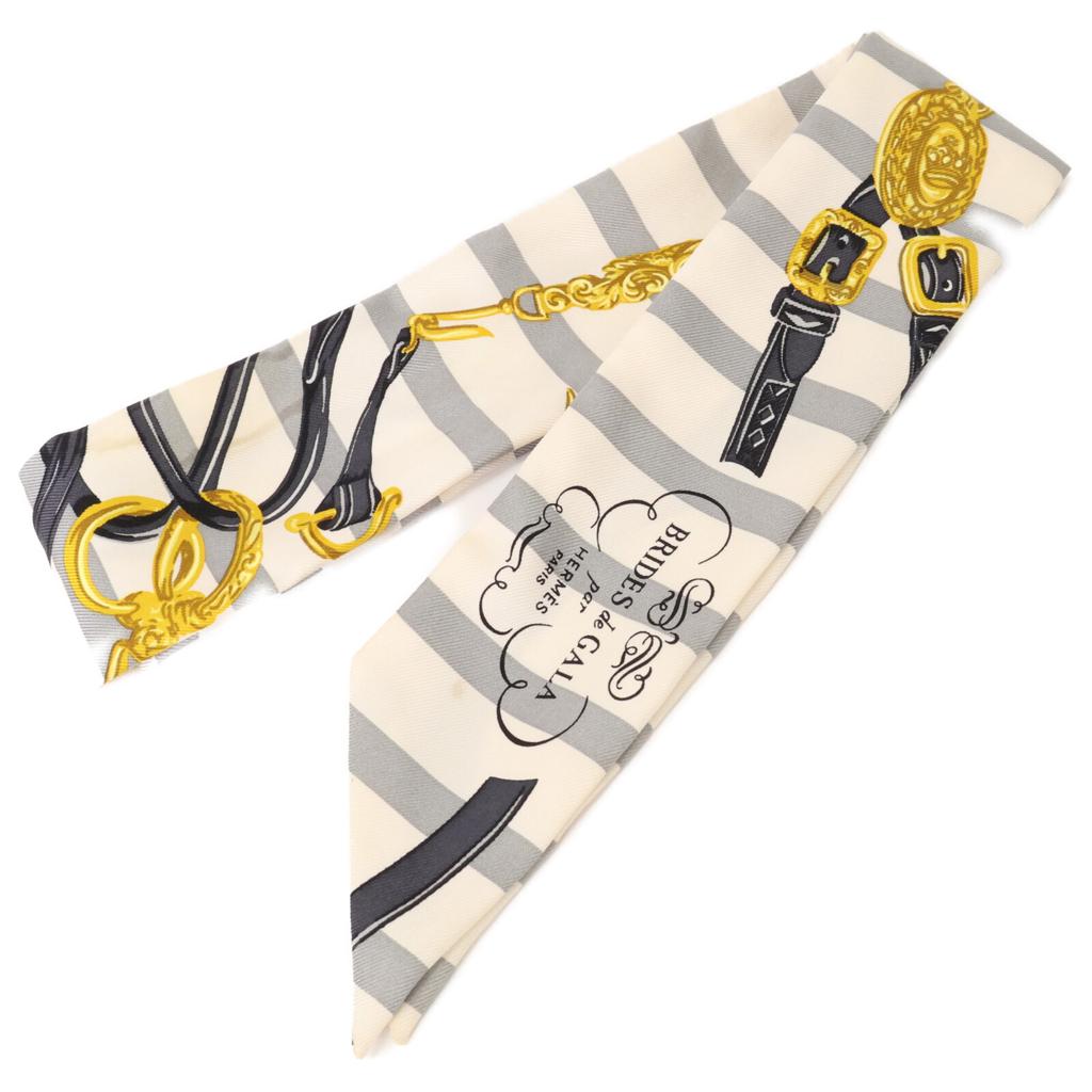 HERMES BRIDES de GALA Ceremonial Bridle, Silk Twilly scarf White / greyUsed