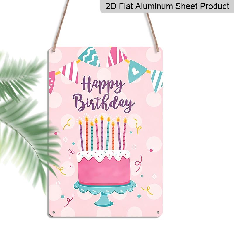 

2D Flat, 1pc Pink Happy Birthday Cake Metal Wall Art Sign - 8*12 Inch Aluminium Cute Birthday Party Decor, Colorful Candle & Banner Plaque, Perfect 20*30cm