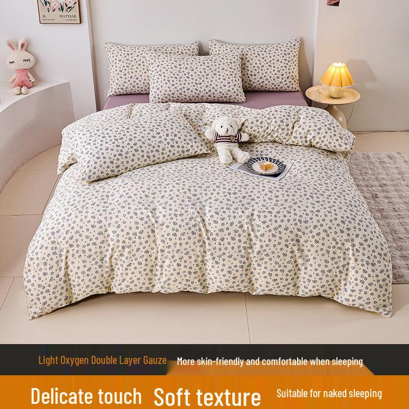 Elegant High-Weight Knit Cotton Floral Four-Piece Bedding Set – Skin-Friendly, Available In Single/Double Sizes.