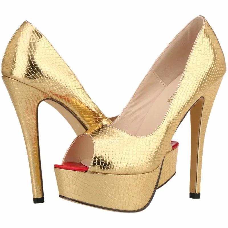 New Women Pumps Patent Leather Platform Sexy Crocodile Pattern 14cm High Heels Open Toe Stiletto Party Wedding Shoes