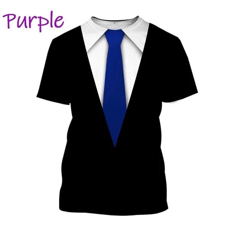 Summer Round Neck 3D Tuxedo Retro Tie Printed Top Fake Suit Tops Fashionable Casual Short Sleeved Men's T-shirts