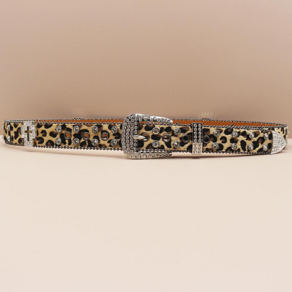 Pánské trendy džíny s leopardím vzorem, křížovým pasem a prémiovým koženým páskem