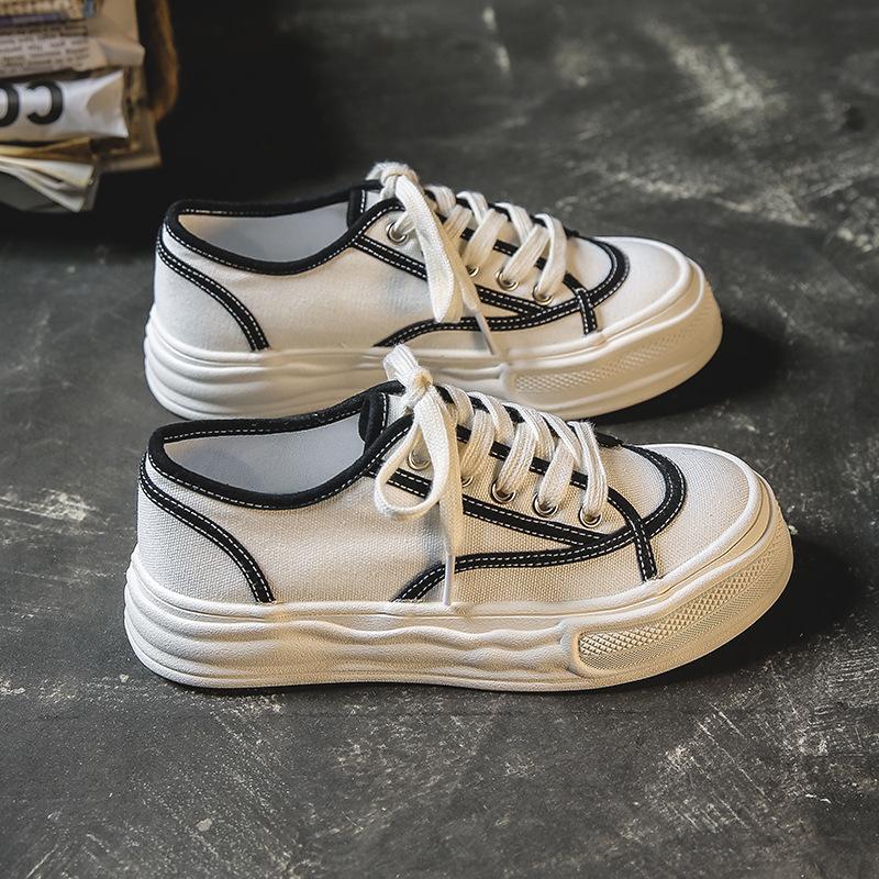 2 autumn and winter new big head canvas shoes women's casual lace-up trendy shoes retro Hong Kong flavor flat baseplate shoes 50