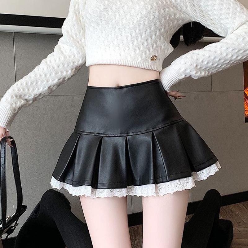 Hot Girl Leather Pleated Lace Skirt Autumn and Winter High Waist Versatile Hip-covering A-line Skirt Pants