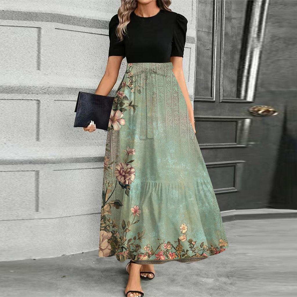 Women's Fashionable Casual Belt Short Sleeved Round Neck Print Elegant Temperament Dress