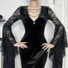 Women's Velvet V-Neck Sleeve Dress with Lace Trim, Dark Gothic for Halloween