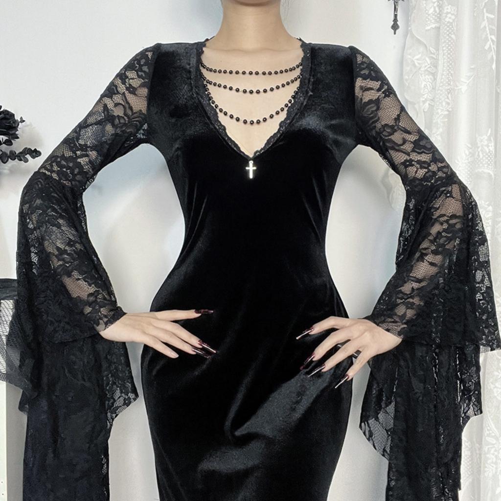Women's Velvet V-Neck Sleeve Dress with Lace Trim, Dark Gothic for Halloween