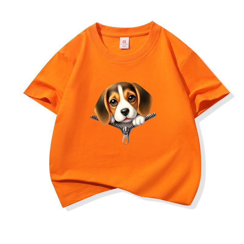 Kids Cotton T Shirt Cute Beagle Puppy Dog Zipper Print Crew Neck Short Sleeve Tee Casual Breathable Boys Girls Summer Tops