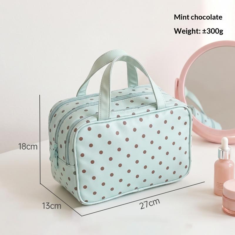 Polka Dot Cosmetic Bag Large Capacity Pu Waterproof Travel Toiletry Organizer Three-Layer Partition Travel Storage Bag