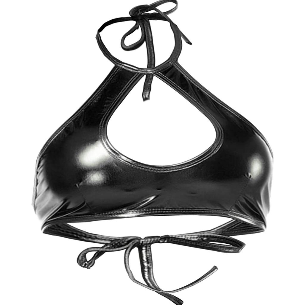 Shiny Metallic Rave Tops for Women Sexy Wet Look Leather Bra Halter Strap Outfit Crop Tops