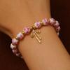 Blue Floral Printed Round Bead Bracelet Gold Tone Stone Bow Charm Vintage Chinese Style Elegant Wrist Jewelry for Women