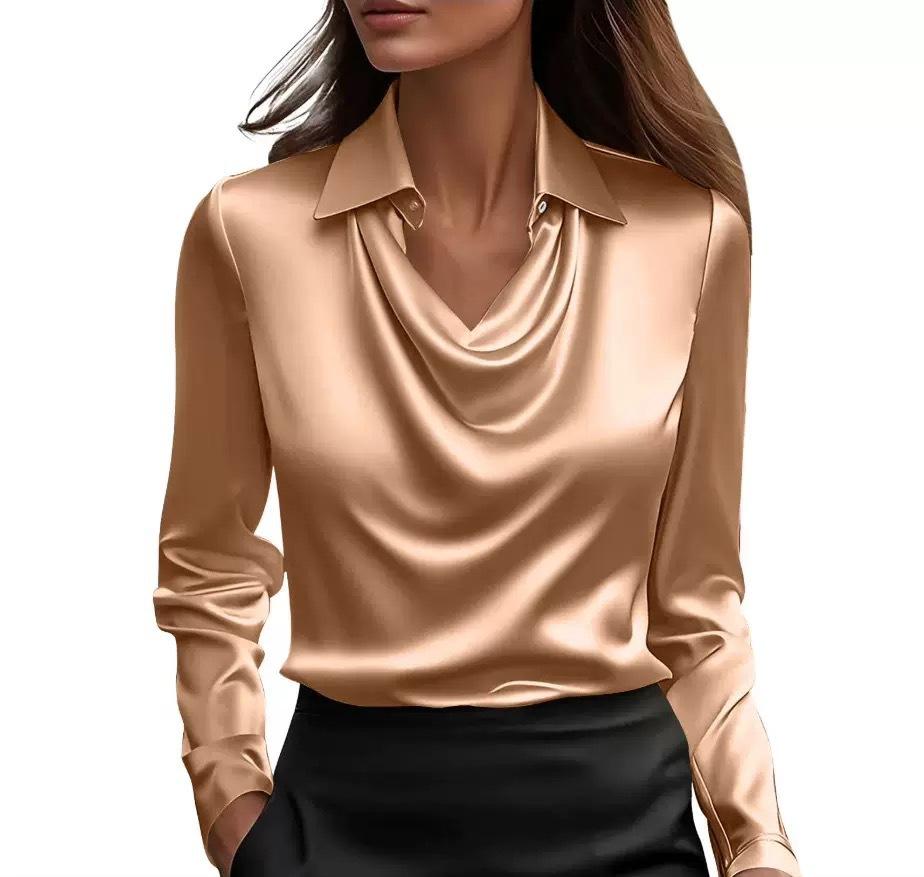 Women Satin Cowl Neck Blouse Long Sleeve Turn‑Down Collar Elegant Office Work Shirt Top S‑3XL