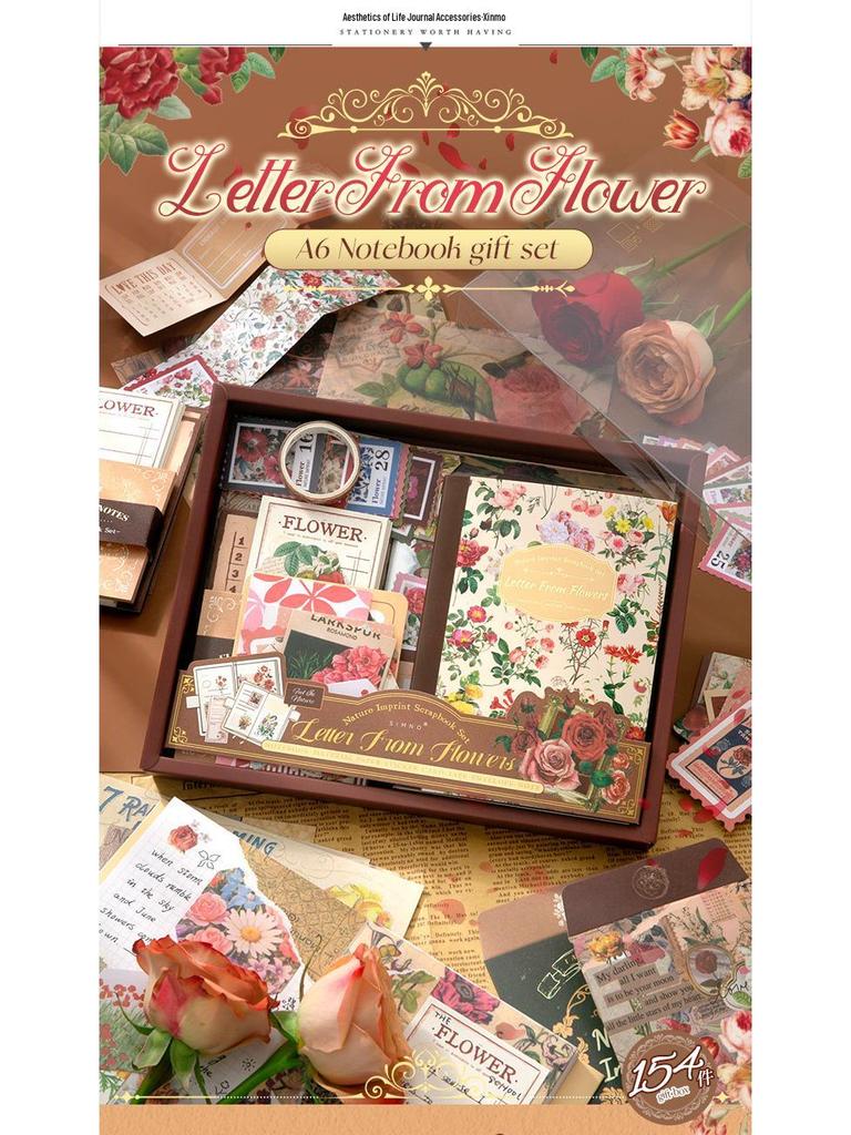 Retro Floral Imprint Greeting Journal Gift Box with English Stickers