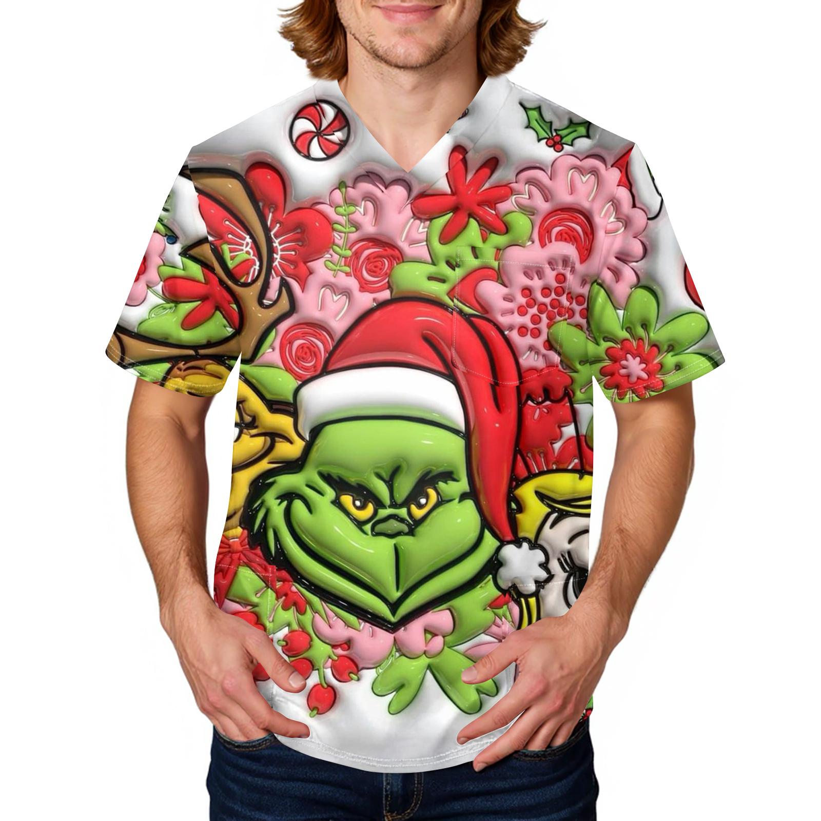 

Men s Printing Short Sleeve V-neck Working Blouse Chest Pocket Carer Top S