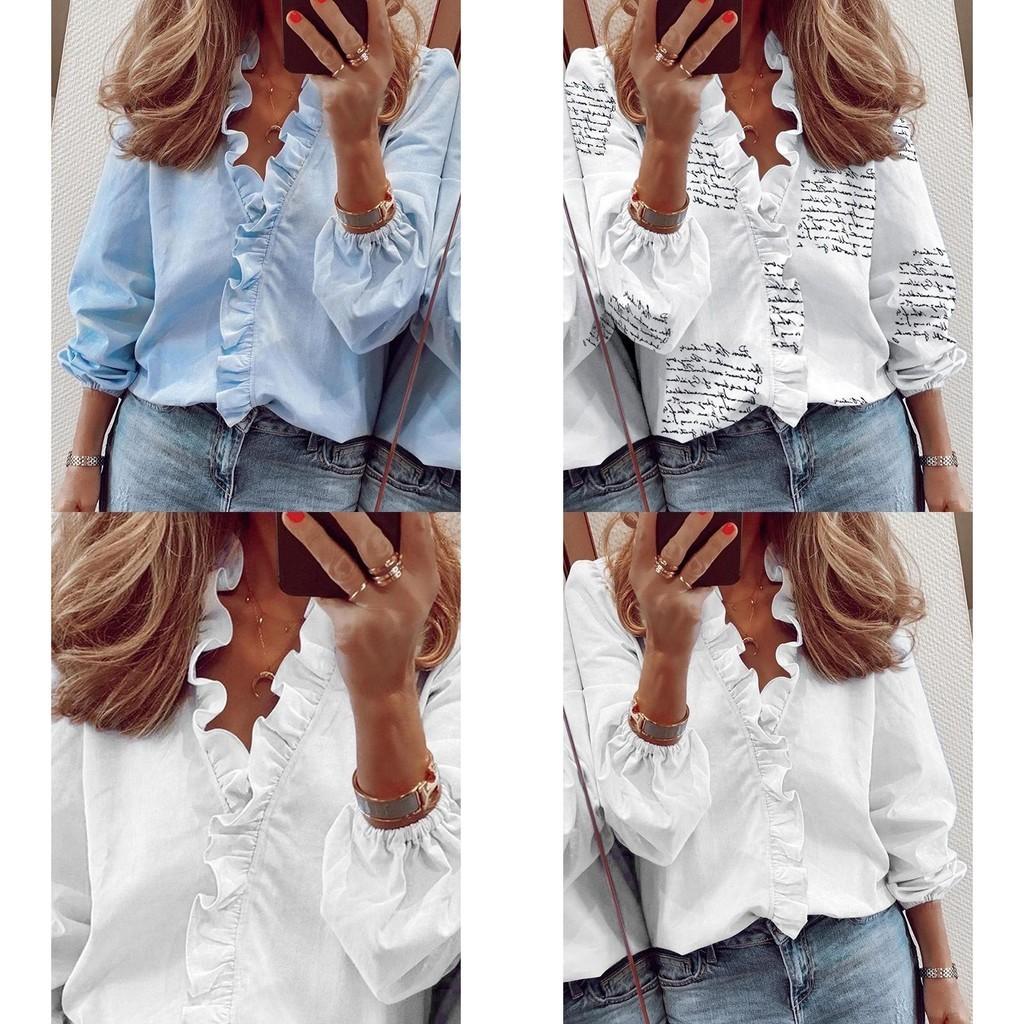 Elegant Womens Long Sleeve Shirts Blouse With Ruffle V Neck And Plus Size Options