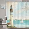 Lighthouse Shower Curtain, Nautical Coastal Sailboat Compass Bathroom DecorPolyester Fabric Waterproof Bath Curtain with 12Hoo